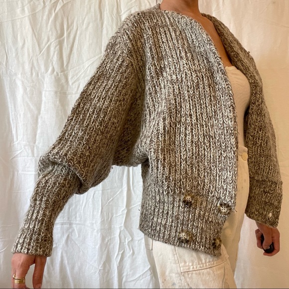 Vintage 80s P.G.E. Wool Blend Chunky Knit Puff Sleeve Batwing Cardigan - Picture 3 of 10